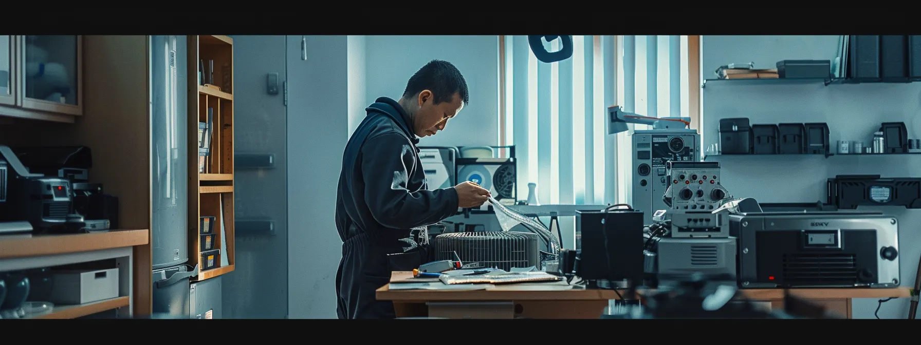 a sleek, modern hvac technician meticulously inspects an air conditioning unit in a bright, tidy office setting, surrounded by essential maintenance tools and equipment, capturing the essence of thorough spring preparation for optimal air conditioning performance.