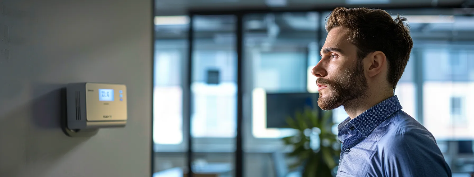a sleek, modern office environment showcases a technician inspecting a digital thermostat display, illuminated by bright artificial lights, emphasizing the importance of hvac efficiency during summer maintenance.