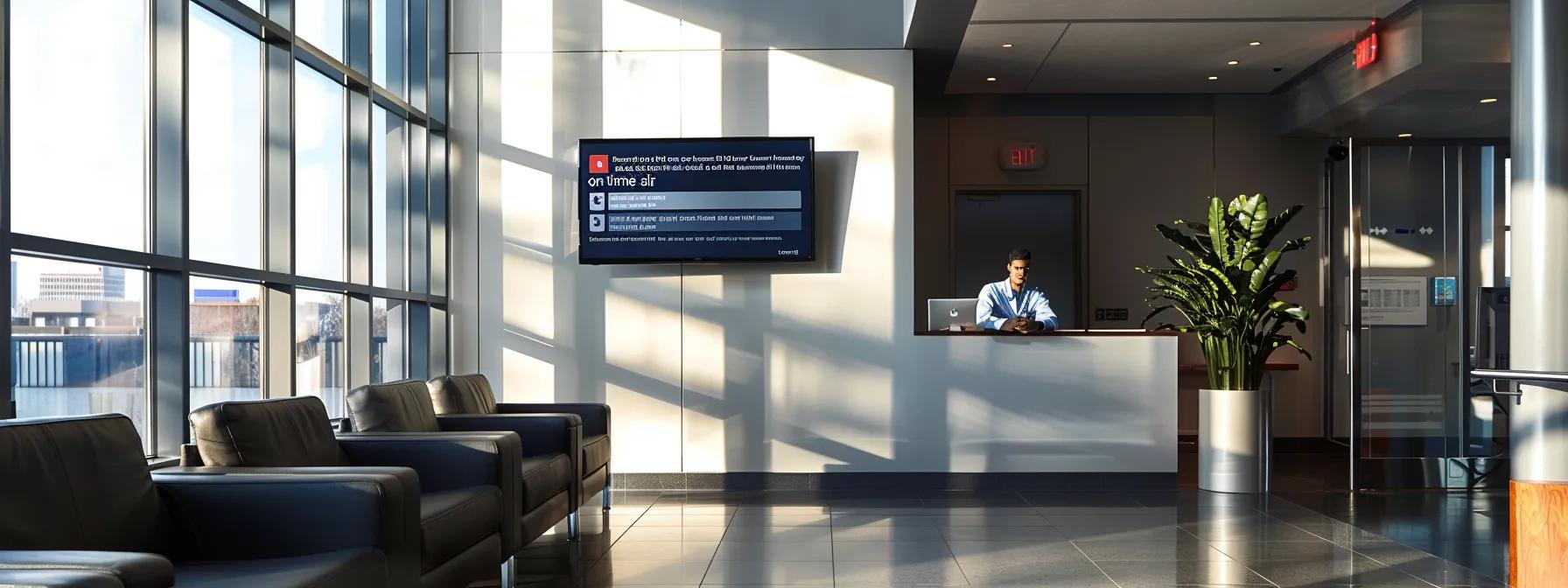 a sleek, modern office environment featuring a digital display showcasing a prominently featured 