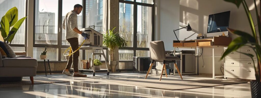a sleek, modern office environment features advanced duct cleaning equipment in action, showcasing a technician efficiently removing allergens from a high-tech ventilation system, emphasizing cleanliness and air quality improvement in an urban setting.