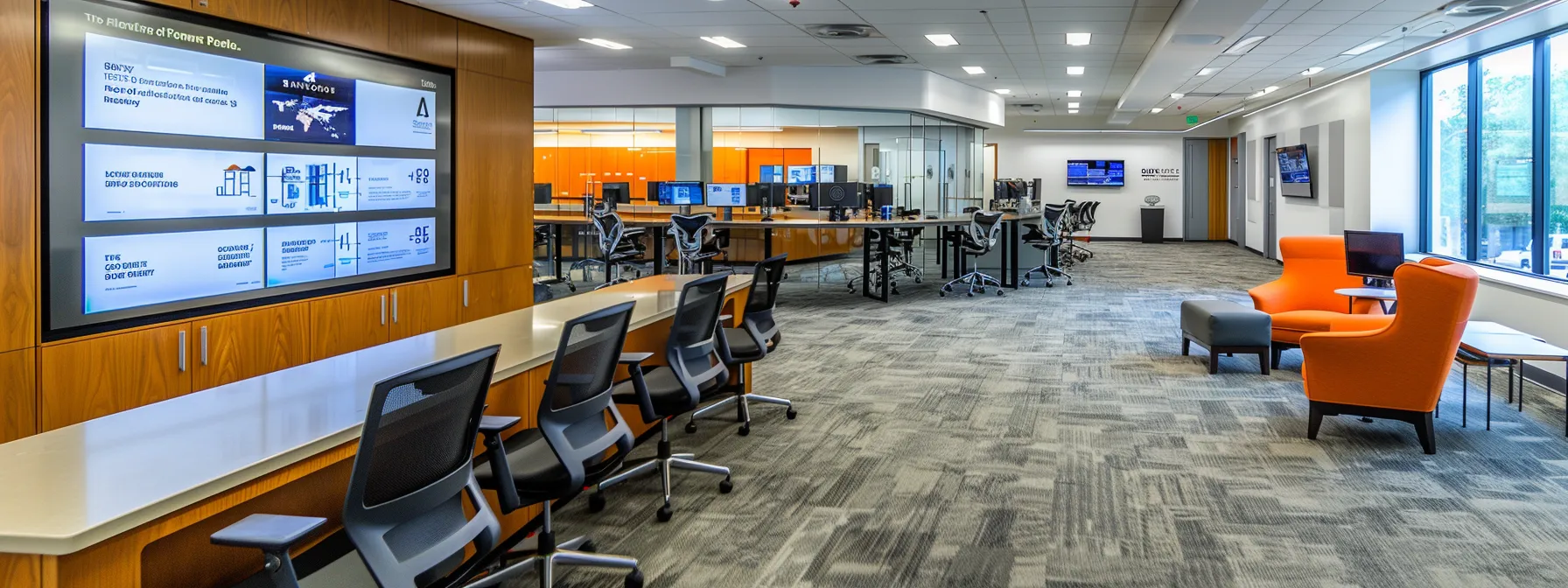 a sleek, modern office environment features a large digital display showcasing top furnace brands with graphical comparisons of warranty offers, energy consumption trends, and customer ratings, emphasizing the importance of informed home heating decisions.