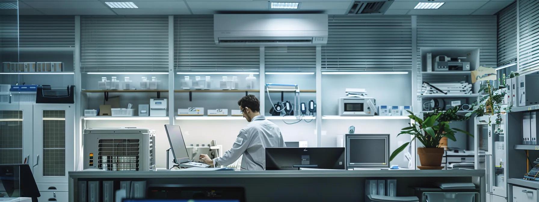 a sleek, modern office environment showcasing a technician expertly diagnosing an air conditioning unit, surrounded by intricate tools and equipment, radiating an atmosphere of efficiency and professionalism.