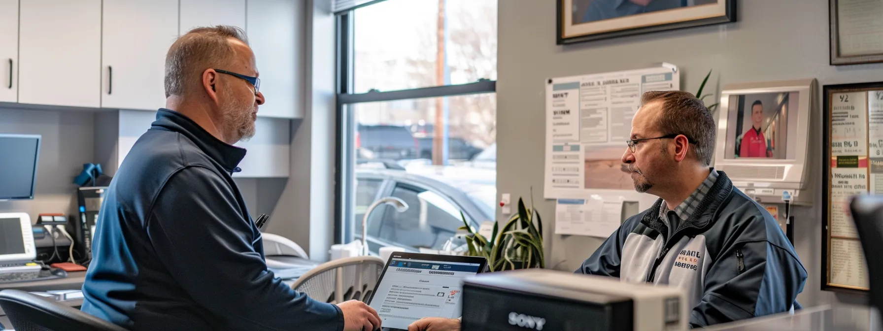 a sleek, modern office environment showcases a focused discussion between a knowledgeable duct cleaning technician and a homeowner, as they review qualifications and customer testimonials on a digital tablet, emphasizing professionalism and trust in hvac service selection.