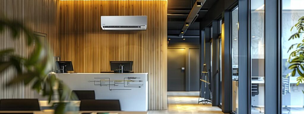 a sleek, modern office interior showcases an energy-efficient air conditioning unit mounted on the wall, alongside an infographic displaying practical tips for lowering summer cooling costs, all illuminated by warm, ambient lighting.