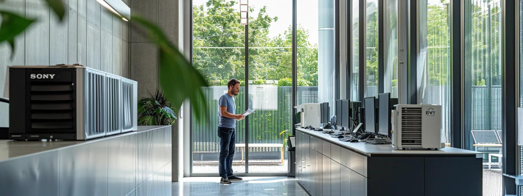 a sleek, modern office space with a technician inspecting a high-efficiency air conditioning system, showcasing clear filters and gleaming coils, highlighting the importance of indoor air quality and maintenance.