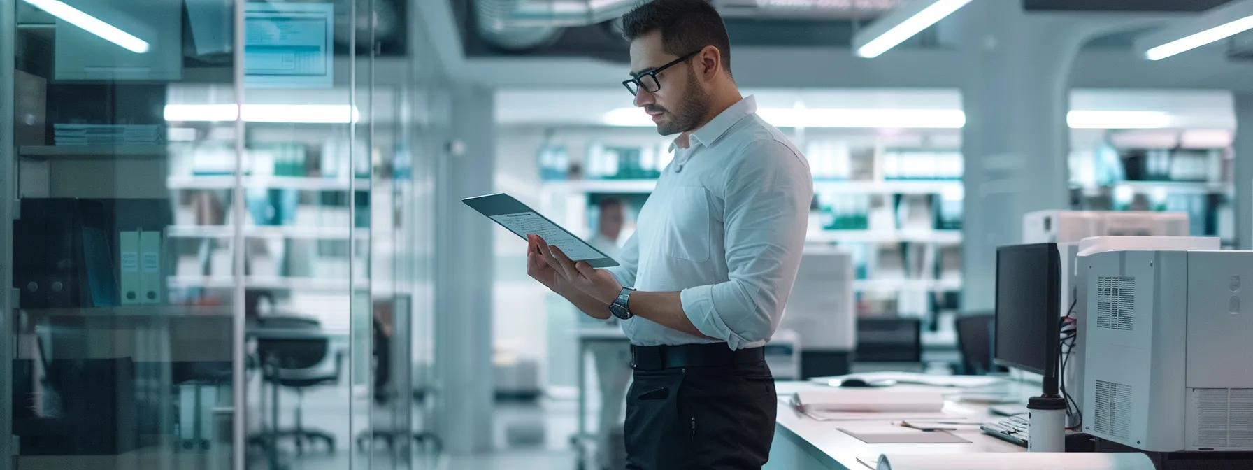 a sleek, modern office space showcases a technician attentively reviewing a digital checklist on a tablet while surrounded by advanced hvac equipment, emphasizing the importance of regular furnace maintenance for operational efficiency.