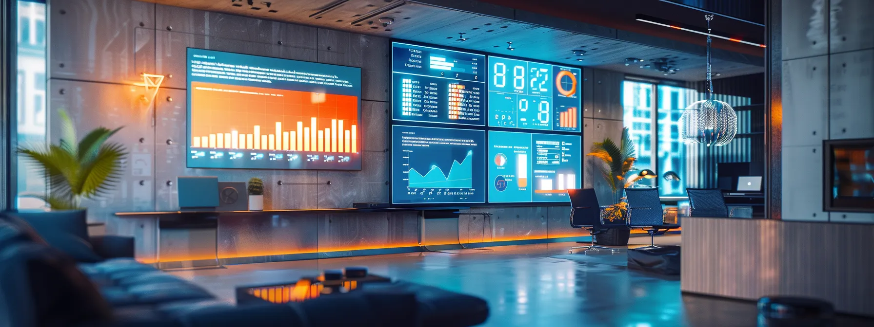 a sleek, modern office space featuring an interactive digital display comparing energy efficiency ratings and cost analyses of gas and electric furnaces, with graphs and charts illuminated by cool, ambient lighting.
