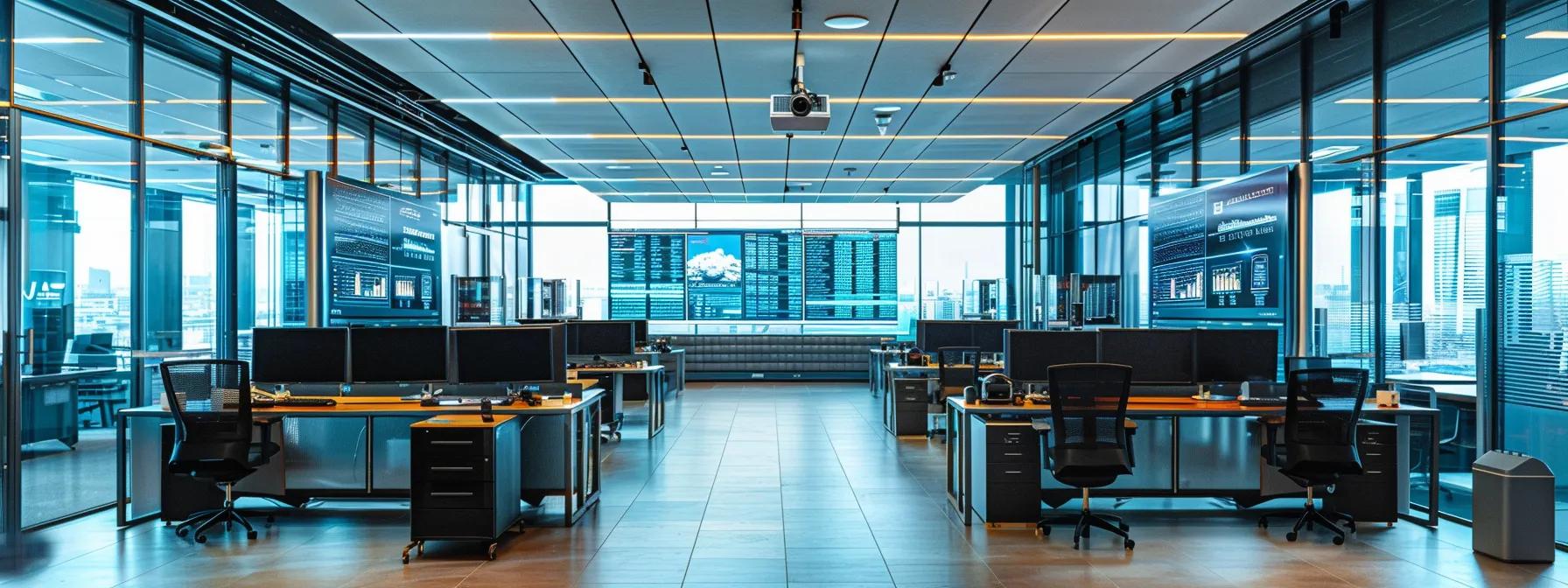 a sleek, modern office space filled with digital screens displaying hvac regulation updates, illuminated by bright overhead lights, conveying a sense of urgency and professionalism in staying compliant with evolving standards.