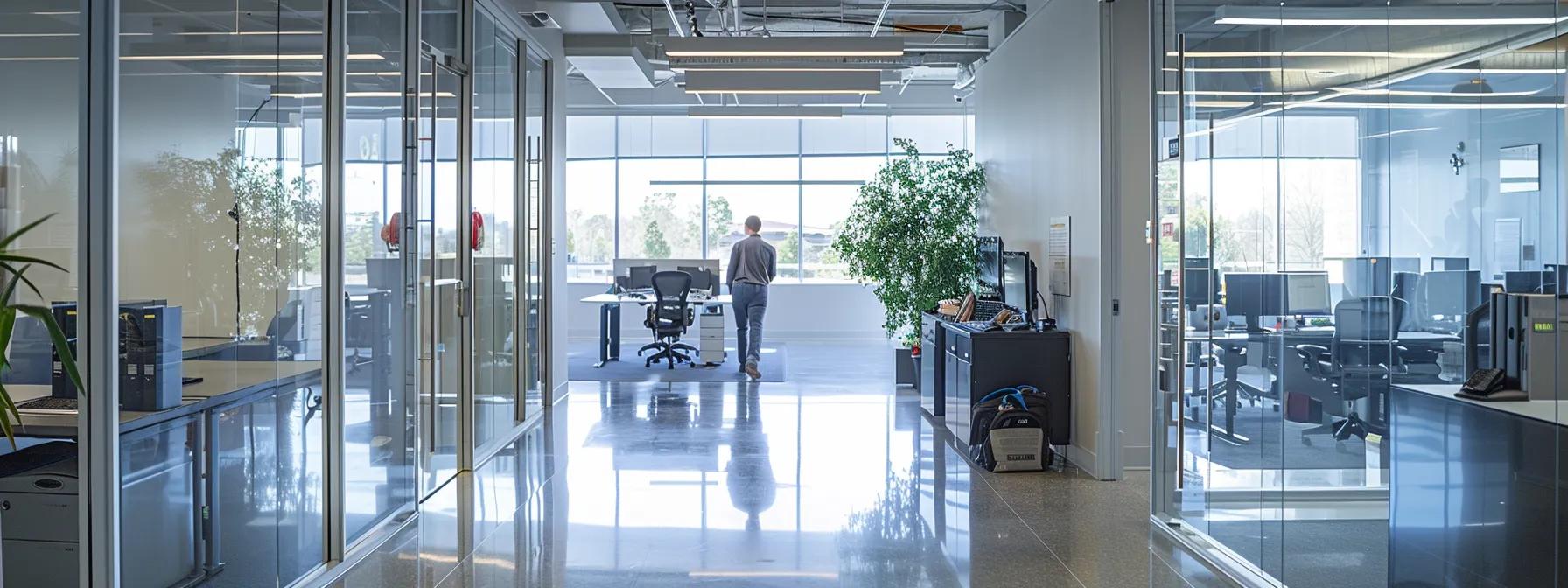 a sleek, modern office equipped with a visibly malfunctioning air conditioning unit, where a concerned technician inspects digital monitoring equipment against a backdrop of industrial sophistication, highlighting the urgency of seasonal checkups for hvac systems.