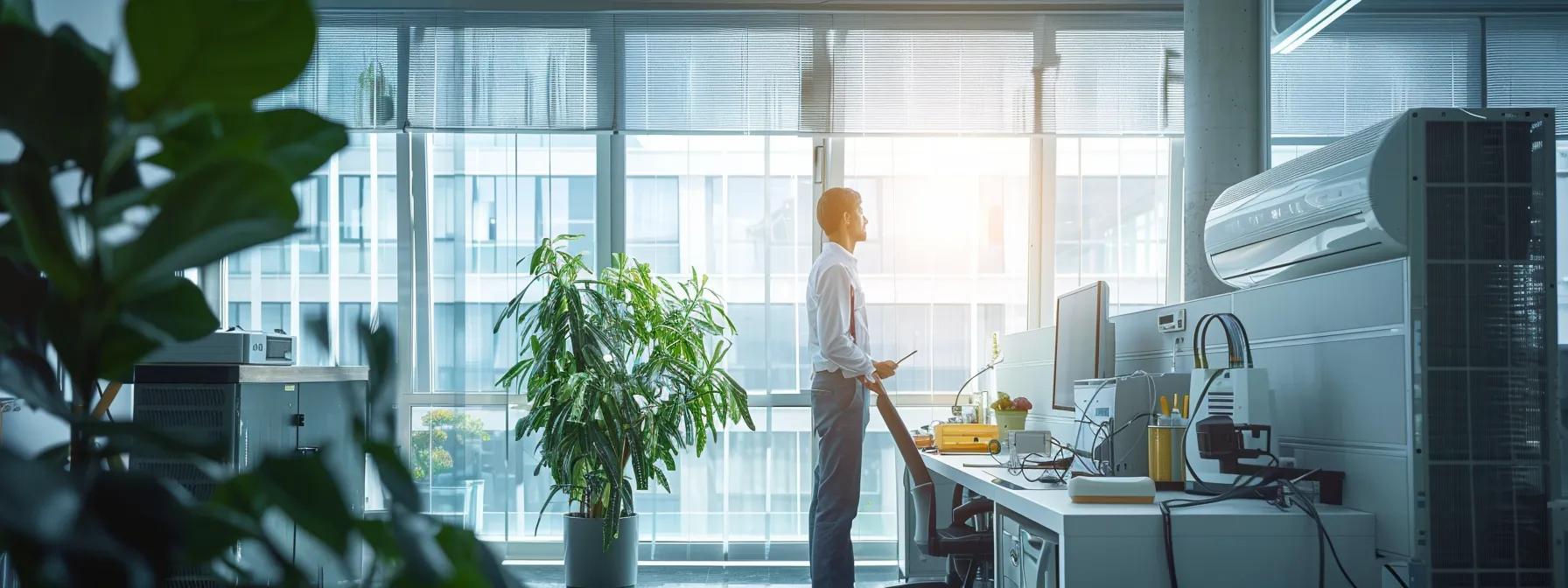 a sleek, modern office with a technician inspecting an advanced air conditioning unit, surrounded by tools and maintenance equipment, emphasizing the importance of regular ac upkeep for optimal performance.