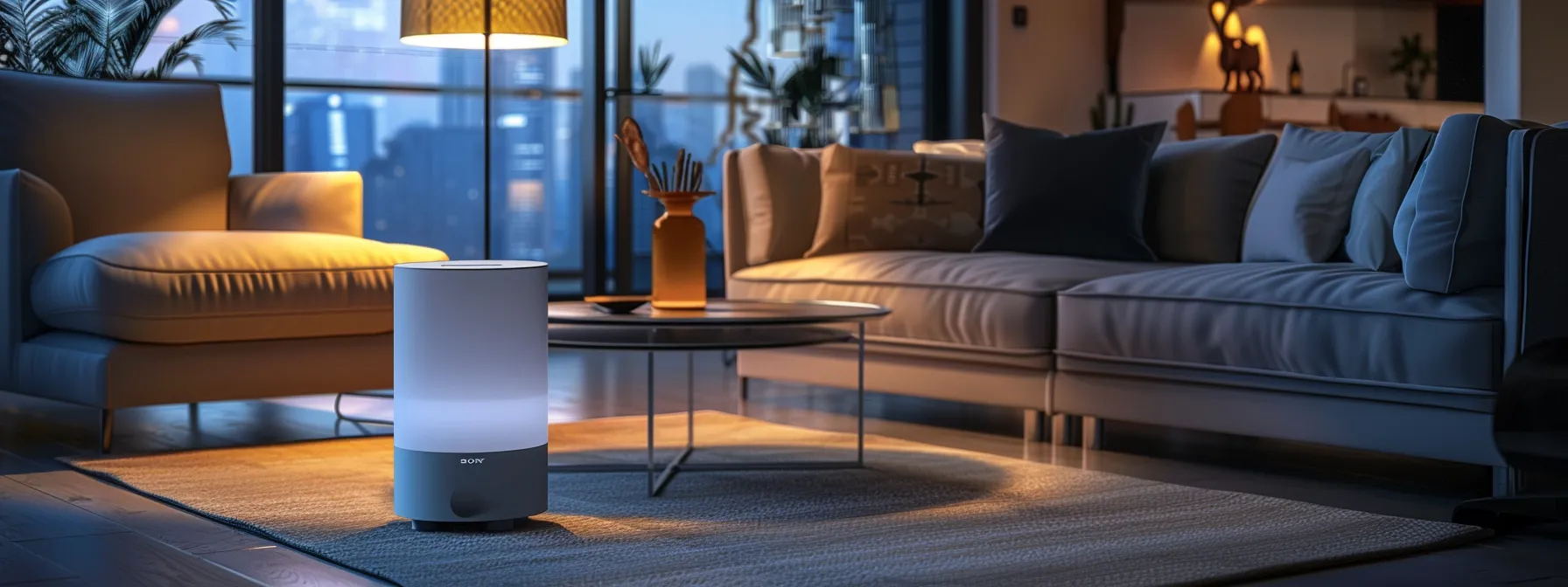 a sleek urban living room showcases a modern air duct cleaning system in action, emphasizing crisp air quality and energy efficiency, with a background of stylish furniture and ambient lighting that highlights the importance of a clean and comfortable home environment.
