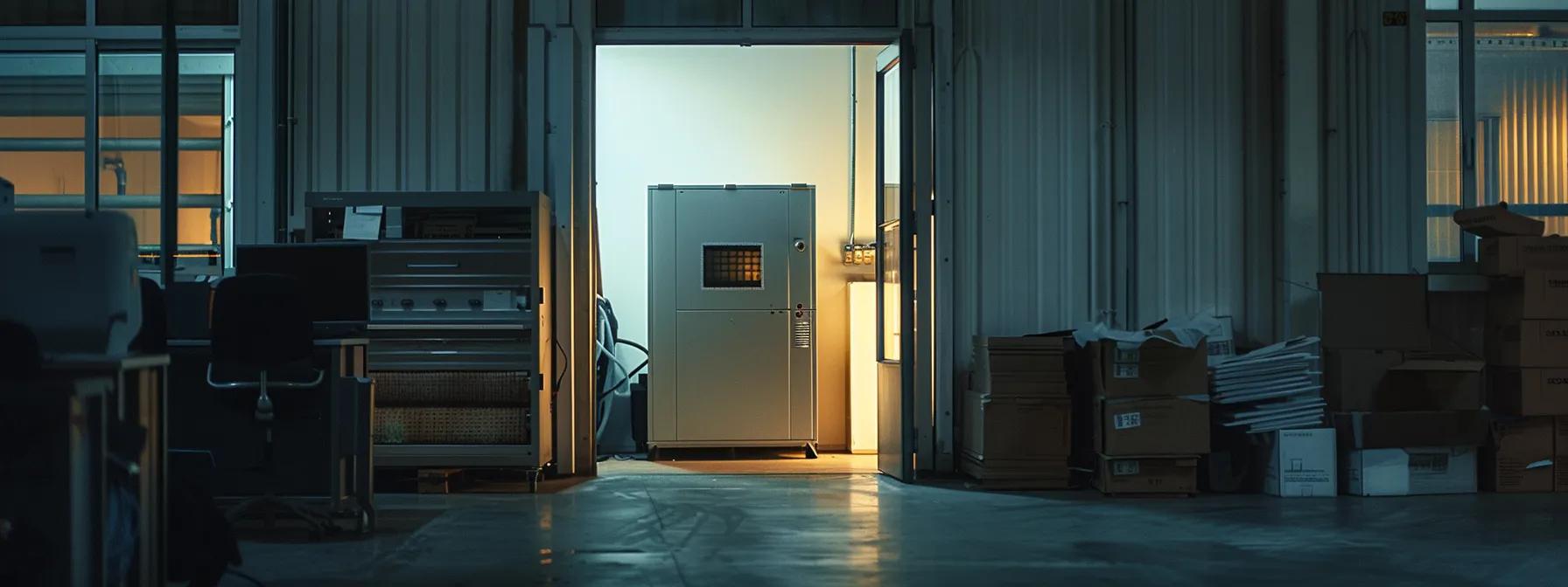 a stark, modern office environment showcases a close-up of a malfunctioning furnace with visible wear and tear, emphasizing the hidden dangers and inefficiencies of poor installation.