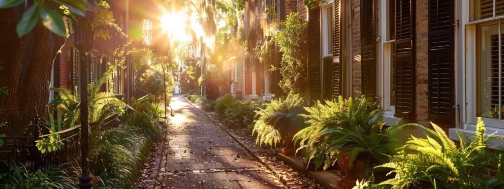 a sunlit savannah street showcases a charming, historic home adorned with vibrant greenery, emphasizing the elegance of energy-efficient heating options through a warm, inviting atmosphere.