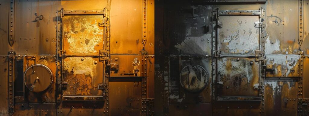 a visually striking comparison of an old, rusty furnace enveloped in warm, dim lighting juxtaposed against a sleek, modern furnace illuminated by soft, bright light, emphasizing the theme of energy efficiency.