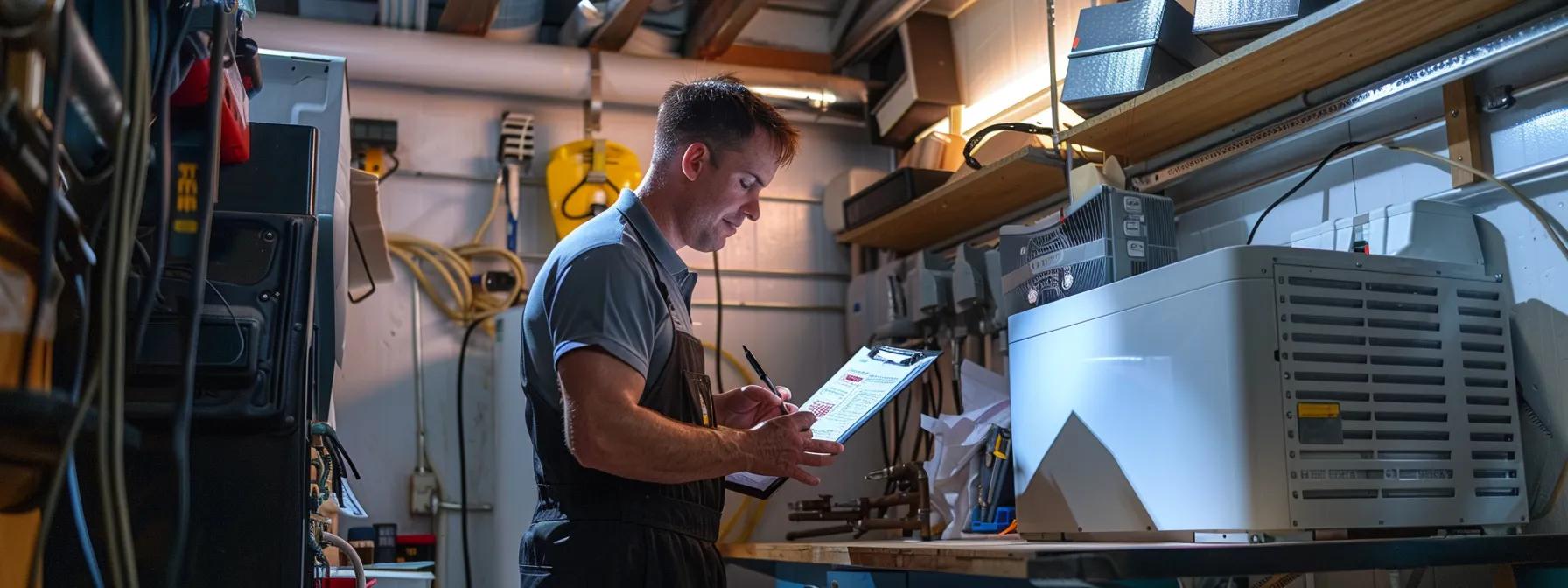 a well-organized indoor workspace features a technician diligently inspecting and cleaning a central air conditioning unit, surrounded by maintenance tools and a clipboard, emphasizing the importance of autumn ac maintenance as the season shifts.