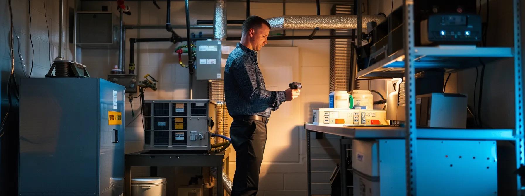 a modern home office features a sleek, tech-savvy space with an air conditioning unit prominently displayed, surrounded by tools and diy materials that emphasize efficient maintenance for seasonal preparation.