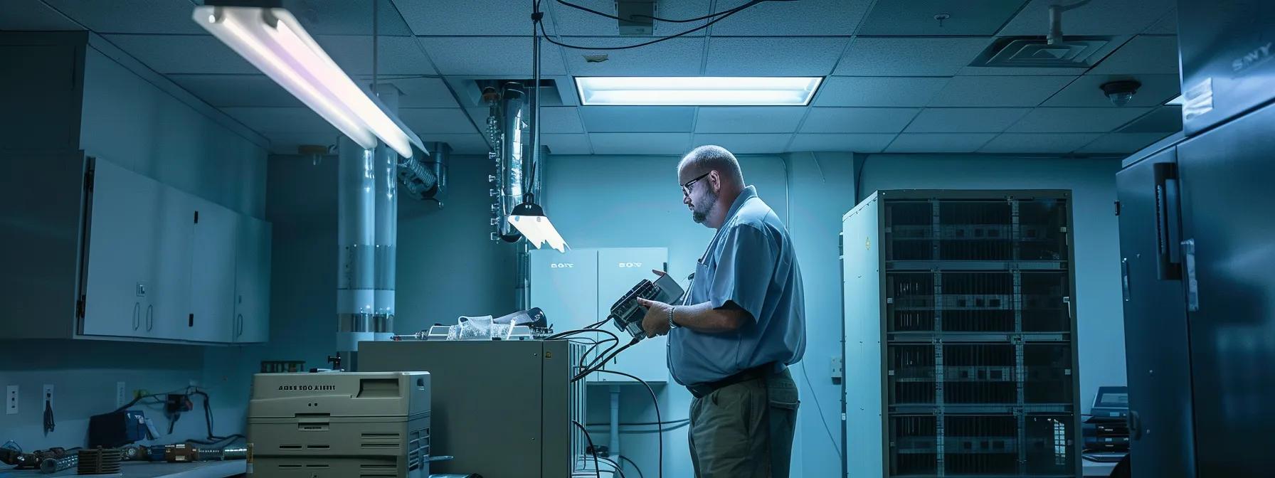 an expert technician meticulously inspecting a modern hvac system in a sleek, well-organized industrial office, illuminated by bright fluorescent lights, emphasizing the importance of maintenance for longevity in a humid savannah climate.