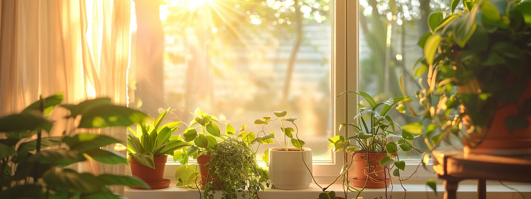 a bright, sunlit room with fresh green plants, open windows, and a sparkling clean air filter, emphasizing the importance of clean air in the home.