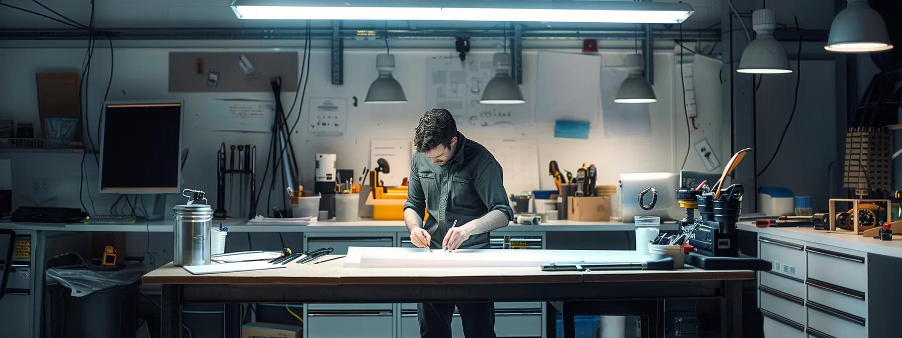 a clean, modern workspace featuring a diy enthusiast confidently inspecting an air duct system, surrounded by tools and maintenance manuals, illuminated by bright overhead lights that emphasize the meticulous detail of the task at hand.