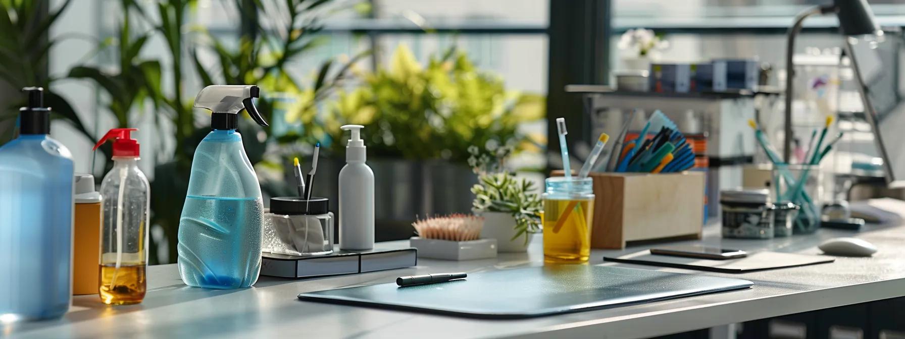 a clearly organized office setting features a pristine desk with various cleaning agents thoughtfully arranged, highlighting the importance of using them sparingly and appropriately for optimal indoor air quality.