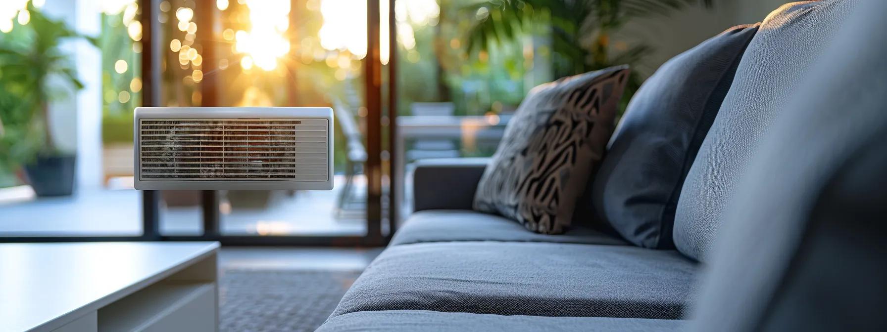 a close-up view of a modern, well-lit living room featuring an air vent with visible dust accumulation and a subtle haze indicating poor air quality, emphasizing the need for duct cleaning and maintenance.