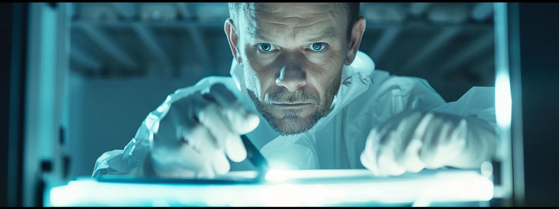 a concerned technician inspects a ventilation duct in a modern, sterile office environment, using a flashlight to reveal visible mold growth, emphasizing the urgent need for immediate remediation.
