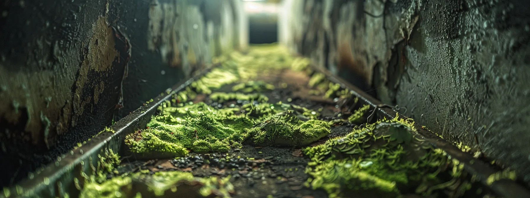 a dark and damp hvac duct covered in fuzzy, green mold spores, highlighting the risks of mold growth in air systems.