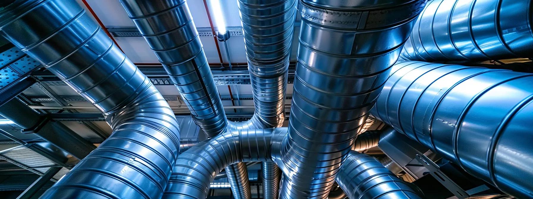 a detailed, modern hvac system layout featuring pristine air ducts intricately woven through an immaculate industrial space, highlighting the flow of clean air while subtly revealing areas where contaminants might accumulate.