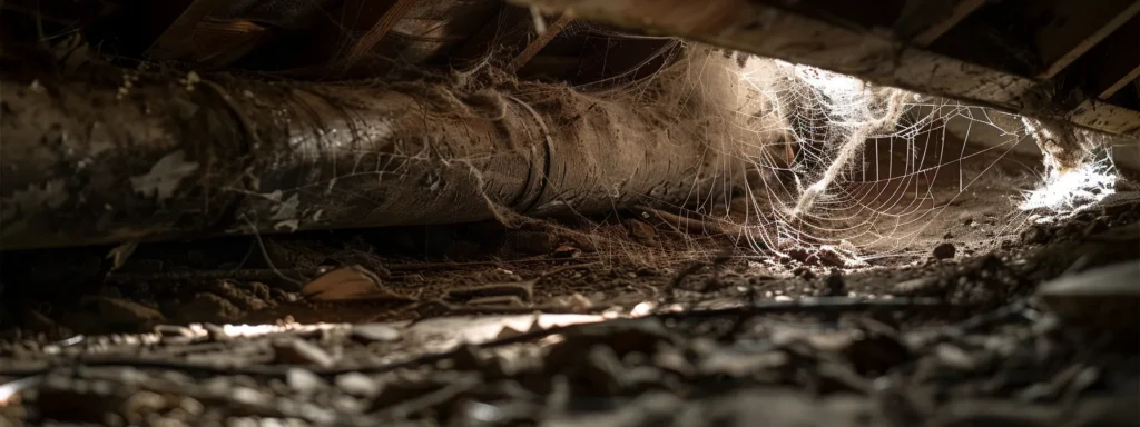 a dusty air duct in a dimly lit attic with cobwebs and debris hanging from the ceiling.