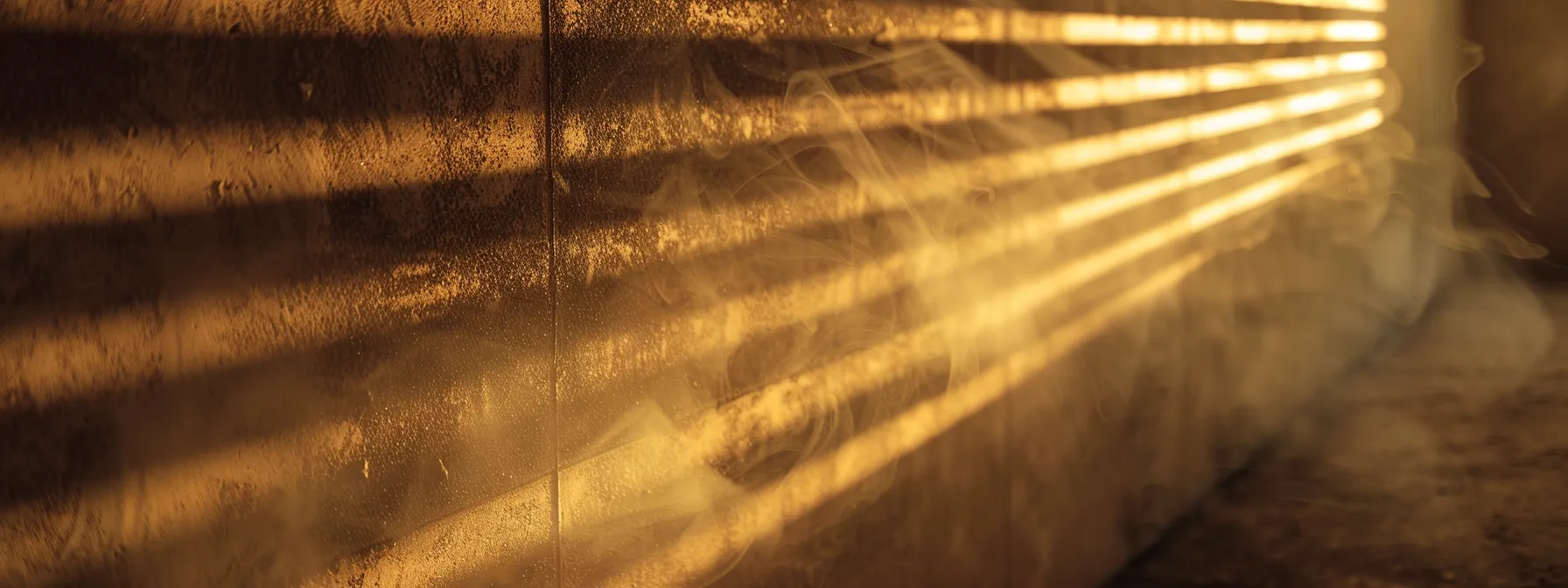 a dusty air vent emitting a musty odor in a dimly lit room, indicating the need for duct cleaning to improve air quality.