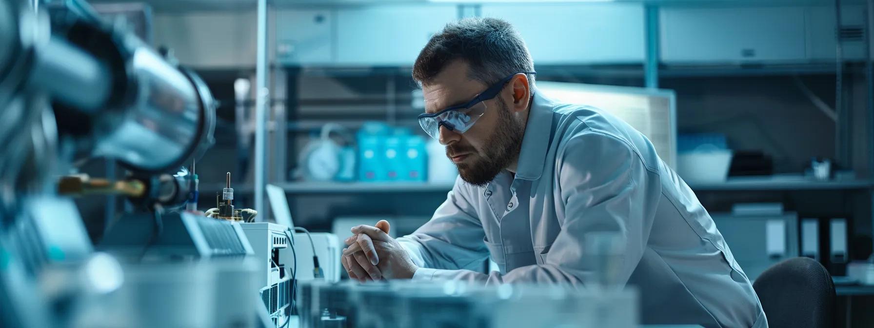 a focused air conditioning technician, clad in a crisp uniform surrounded by various hvac tools and diagnostic equipment, intently analyzes a complex ac system in a modern office environment, showcasing professionalism and technical expertise.