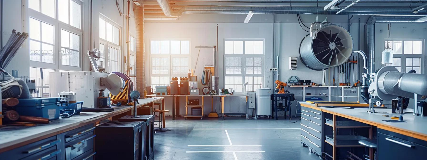 a focused, professional indoor setting showcases an intricately designed workshop space with modern duct cleaning equipment neatly arranged, emphasizing the precision and technology involved in maintaining air quality through diy efforts.