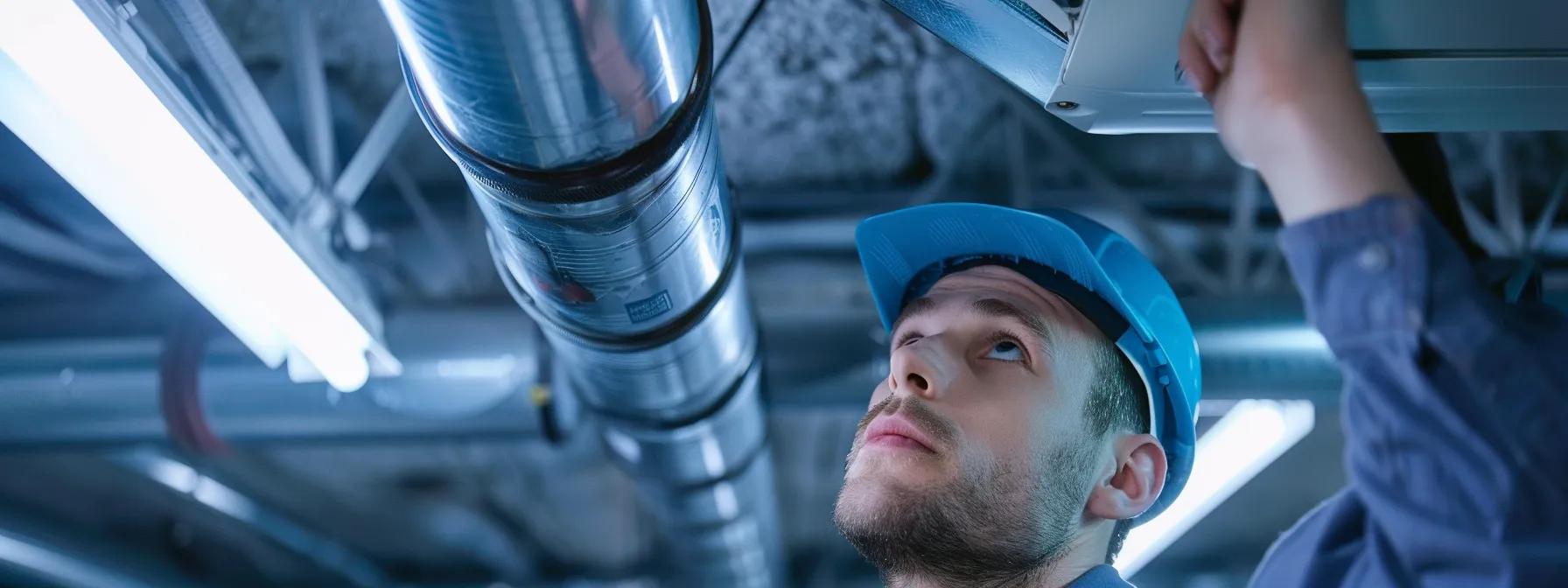 a focused shot of a professional duct cleaning technician inspecting a modern hvac system in a sleek, well-lit industrial office space, showcasing advanced cleaning equipment while emphasizing their expertise and the importance of clean indoor air quality.