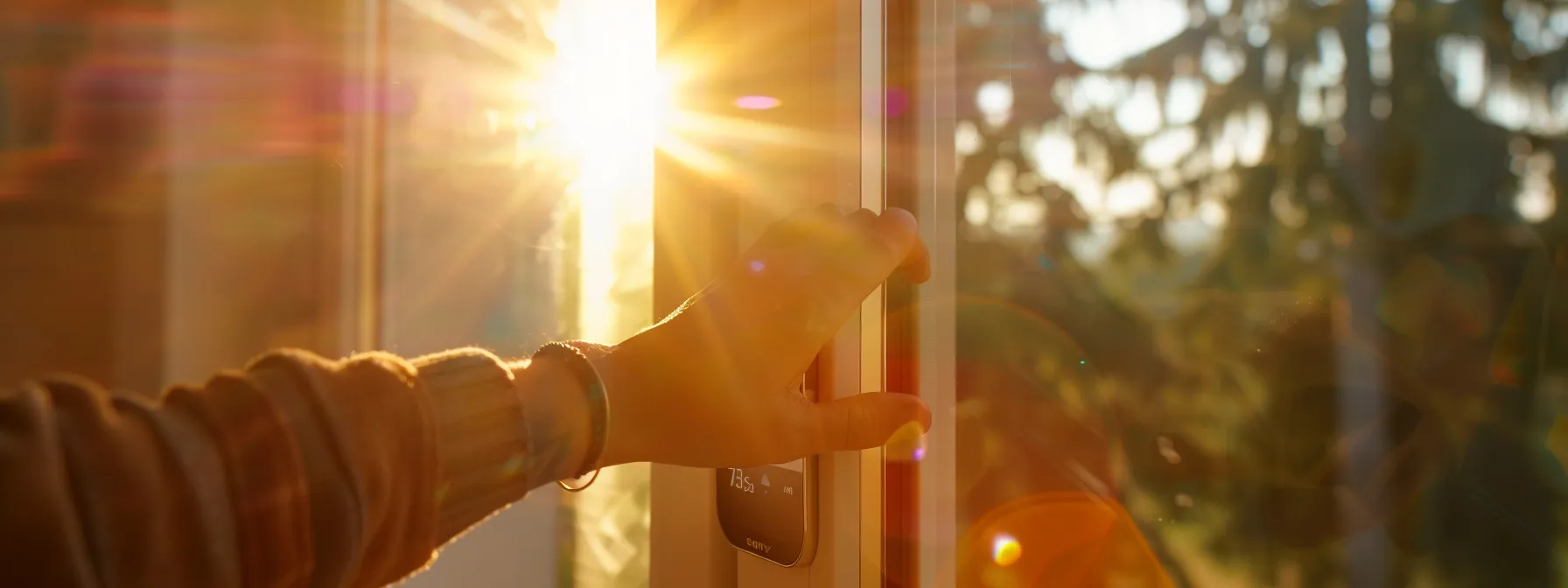 a hand adjusting a sleek, modern thermostat on a wall with a sunny window in the background.