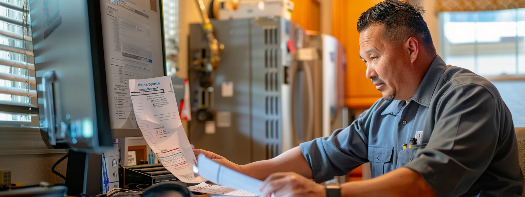 a homeowner carefully comparing different hvac maintenance plans in front of a computer screen, surrounded by notes and a checklist.