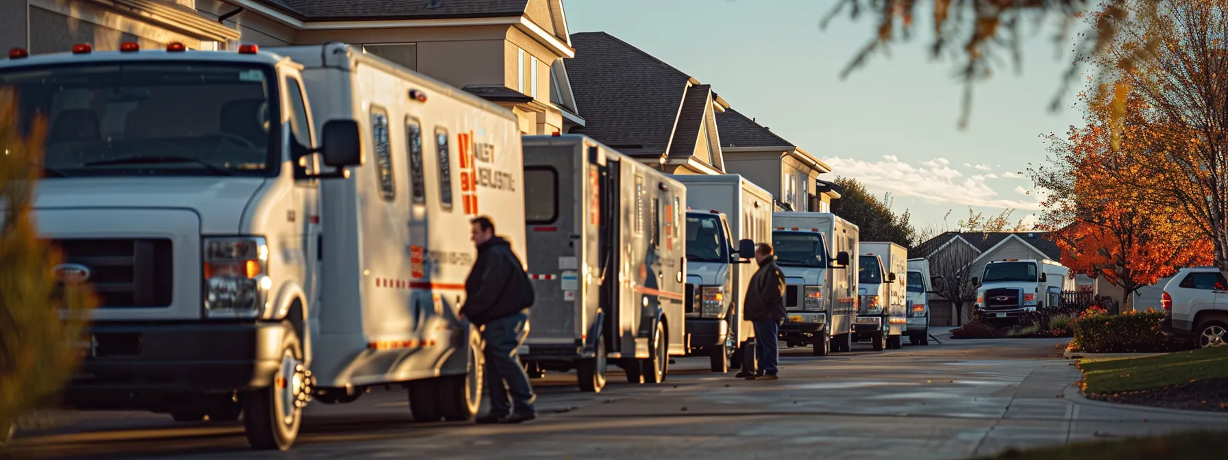 a homeowner examining a row of hvac trucks parked outside with bold company logos and professional equipment on display.