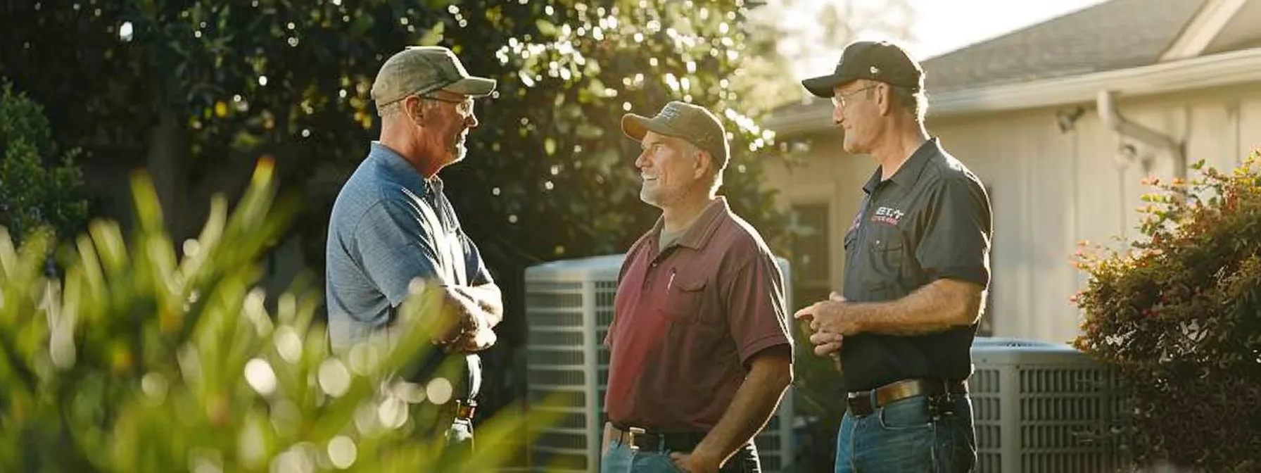 a homeowner in savannah standing next to a skilled hvac technician inspecting a well-maintained air conditioning unit in a neatly kept yard.