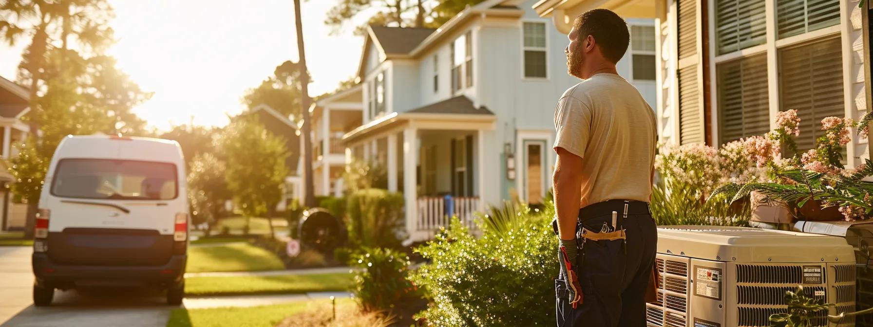 a knowledgeable hvac technician in a modern service van, equipped with tools and diagnostic equipment, examines an air conditioning unit on a residential savannah home during a sunny, bustling neighborhood afternoon, capturing the essence of local expertise and community-focused service.