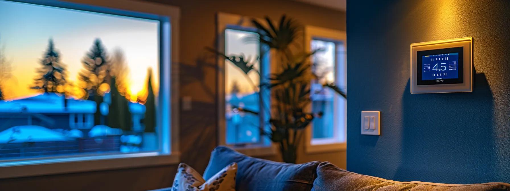 a modern, energy-efficient home interior showcases sleek, triple-pane windows and a digital thermostat on a crisp wall, bathed in warm artificial lighting that highlights the space's contemporary design and comfort.