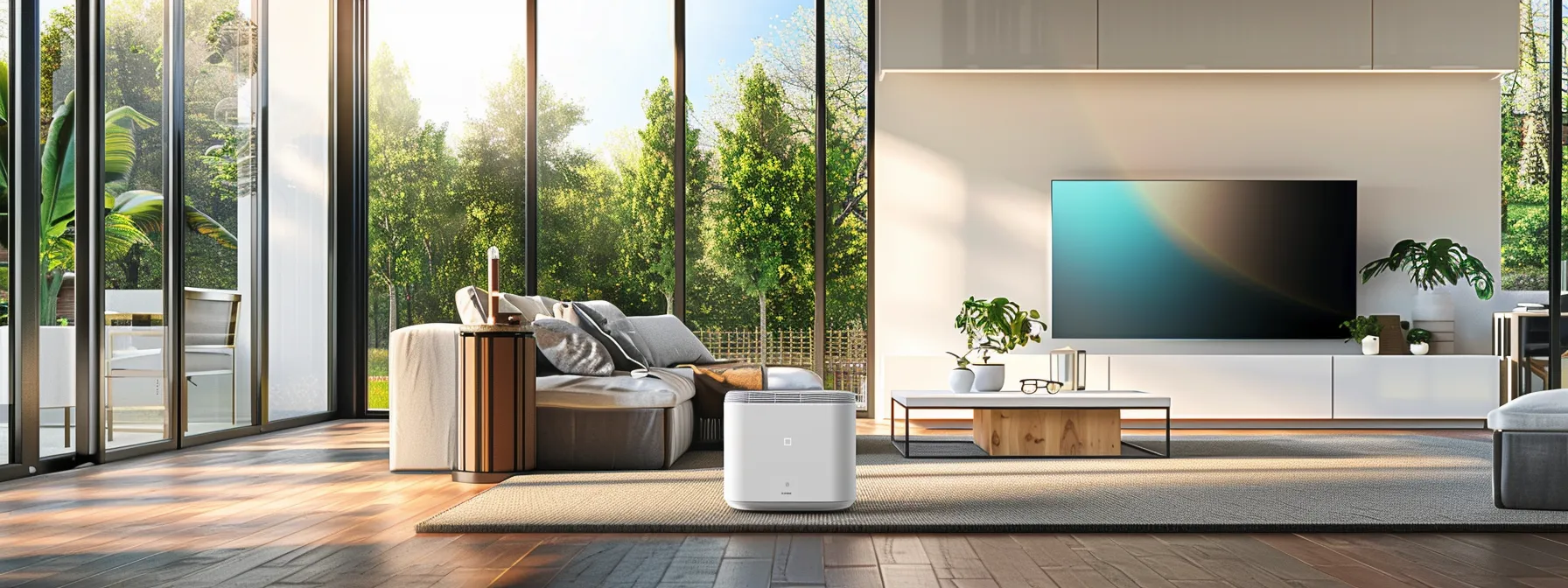 a modern, high-efficiency hvac system installed in a home, surrounded by smart technology devices, showcasing an environmentally friendly upgrade.