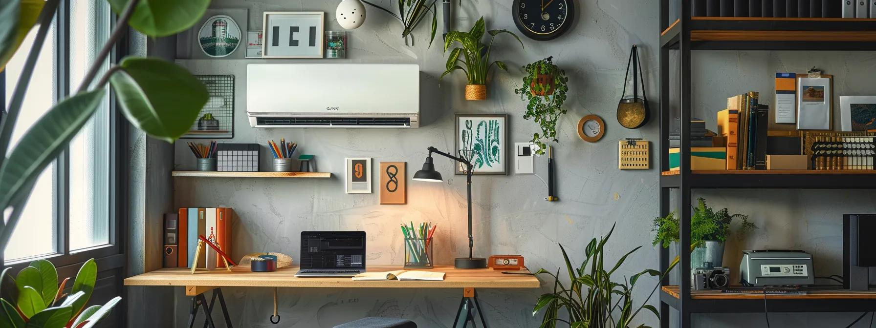 a modern home office featuring a sleek, well-maintained air conditioning unit on the wall, with an array of diy tools and guidebooks on a stylish desk, illustrating effective maintenance tips for boosting ac efficiency.