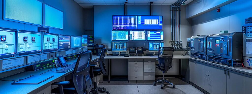 a modern hvac control room featuring sleek, high-tech equipment and monitors displaying mold prevention data, illuminated by bright artificial lighting for a professional and sterile atmosphere.