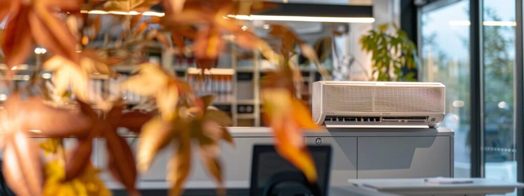 a modern office environment shows a sleek air conditioning unit being adjusted by a professional, with autumn-themed decor subtly hinting at the seasonal transition into fall.