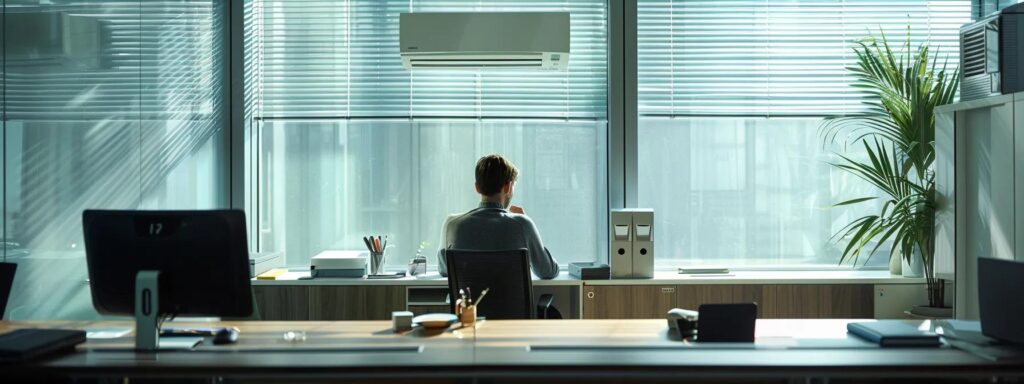 a modern office space features a sleek technician inspecting a high-efficiency air conditioning unit, with tools and diagnostic equipment neatly arranged on a polished desk, emphasizing the importance of seasonal checkups for optimal performance.