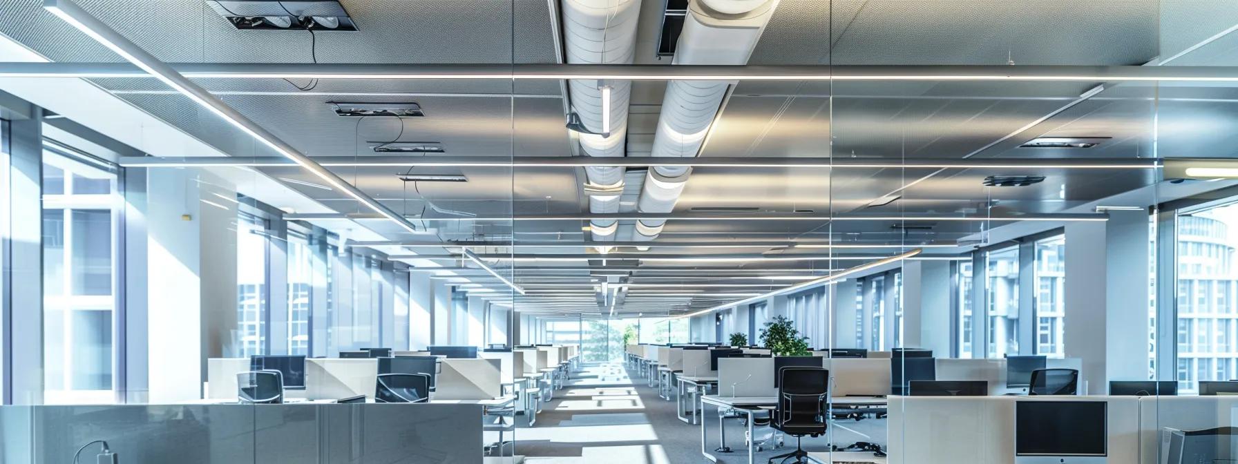 a modern office space showcases a sleek, energy-efficient hvac system prominently installed in the ceiling, highlighting the impact of savannah ga hvac codes on optimizing comfort and reducing operational costs for both homeowners and businesses.