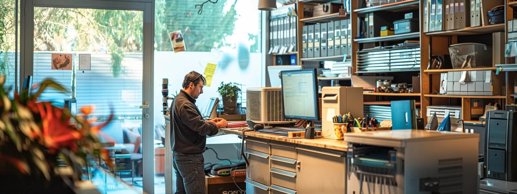 a modern office space showcases a technician methodically inspecting a well-maintained air conditioning unit, surrounded by organized tools and seasonal decor, symbolizing the transition from summer to fall.