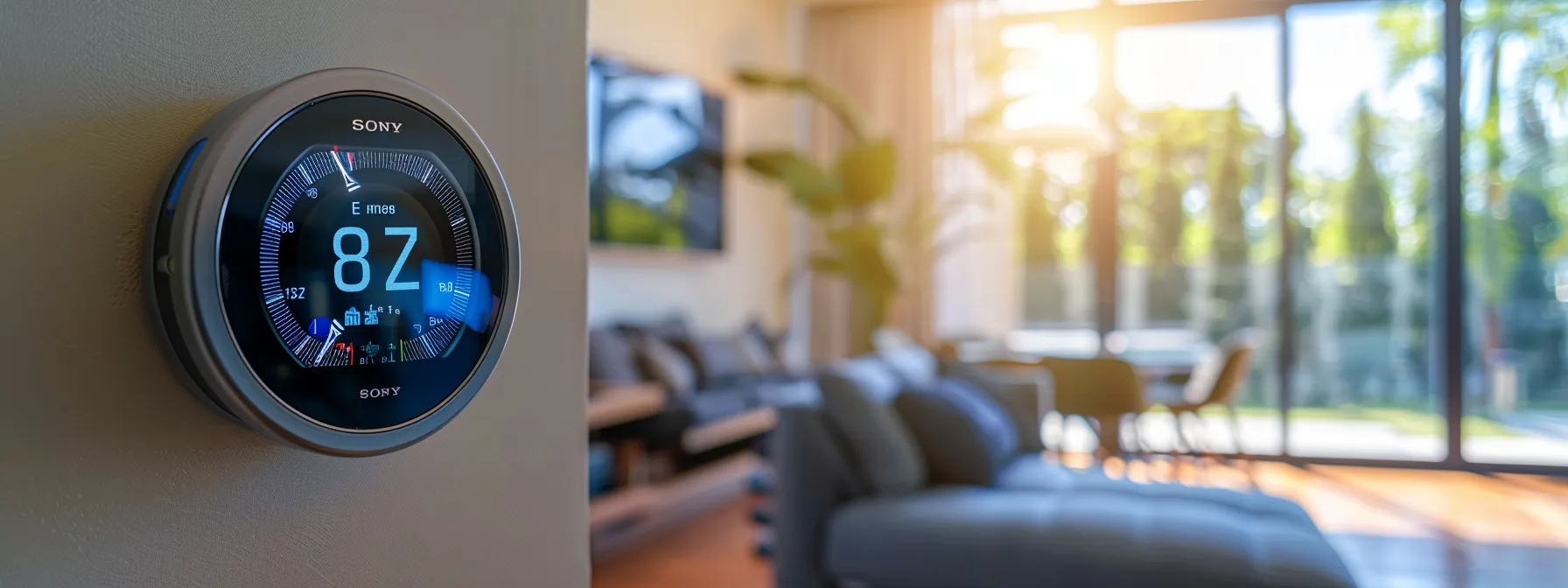 a modern programmable thermostat set to an optimal temperature, with sunlight streaming through a clean and well-maintained hvac system in the background.