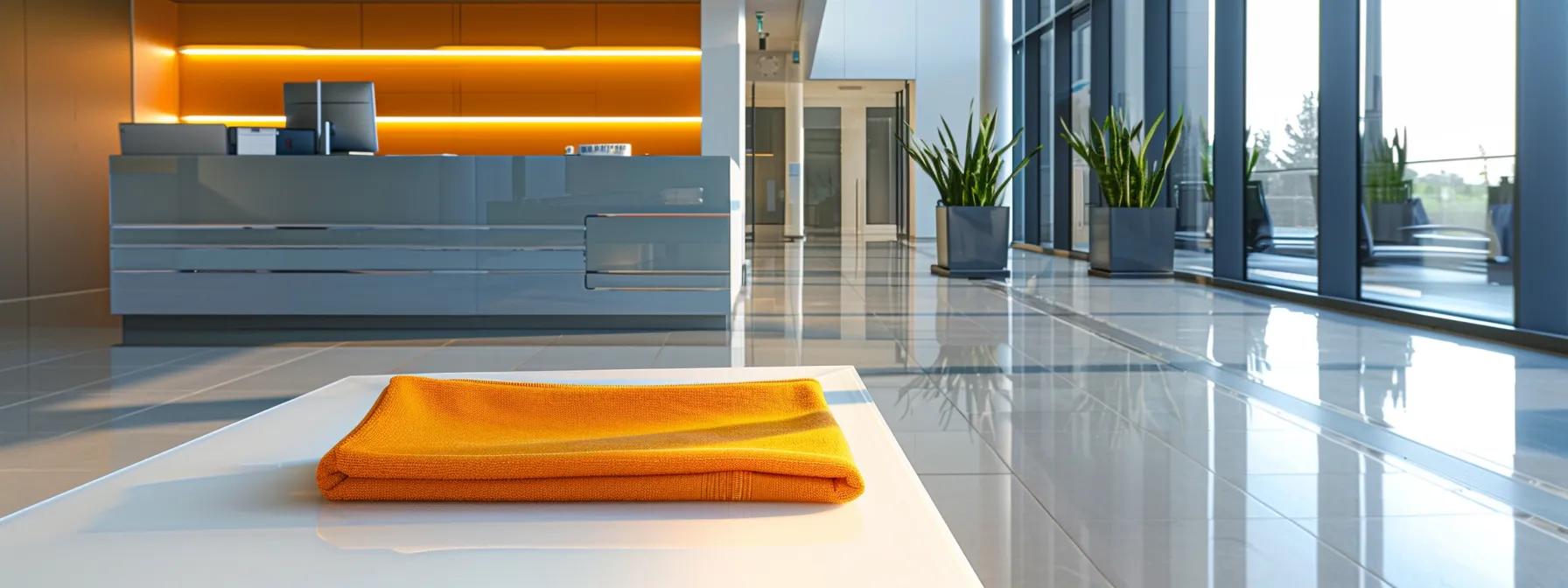 a modern, sleek office space showcases a vibrant microfiber cloth gleaming against a sophisticated surface as it effectively wipes away dust and allergens, emphasizing the importance of cleanliness and indoor air quality.