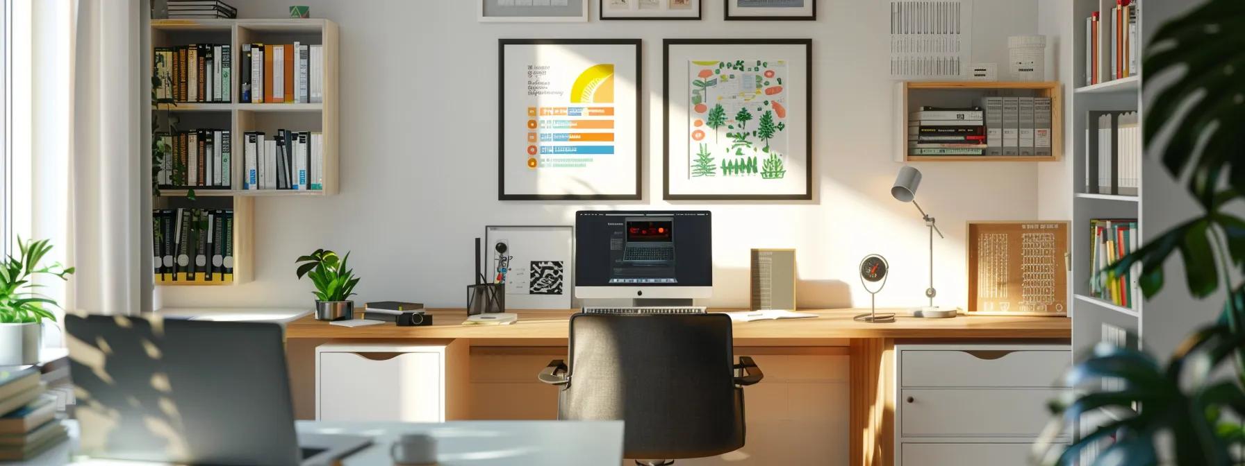 a modern, well-lit home office with educational posters on the walls about mold prevention strategies, featuring a clean desk with a laptop and moisture meters, emphasizing the importance of maintaining a healthy indoor environment.