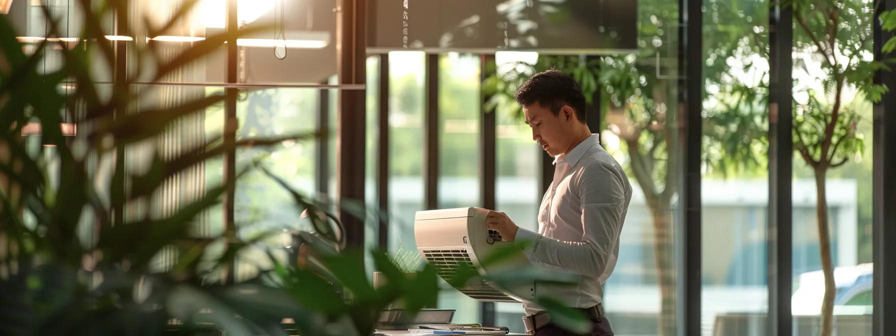 a modern, well-lit office interior showcases a focused hvac technician examining a sleek air conditioning unit, highlighting the importance of timely professional servicing before fall.